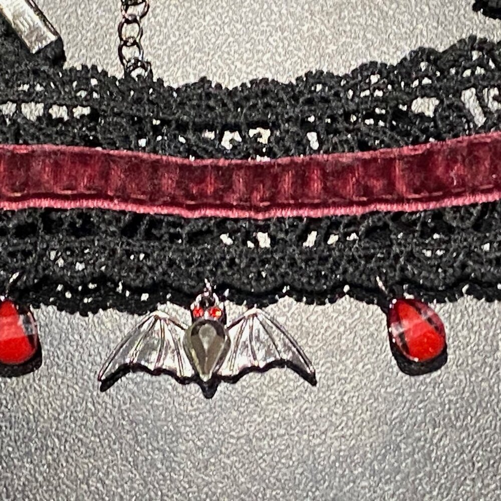 Whimsigoth Fairy Vampire Punk Steampunk Lace Velvet Bat Necklace Choker 17"